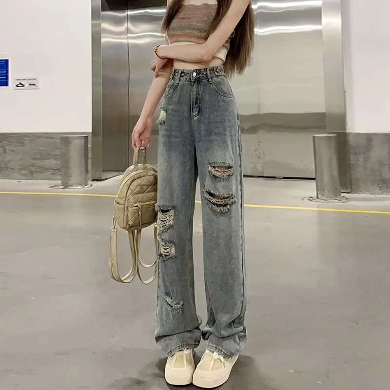 复古高腰破洞牛仔裤裤子女士年春秋季宽松阔腿裤显瘦拖地直筒长裤