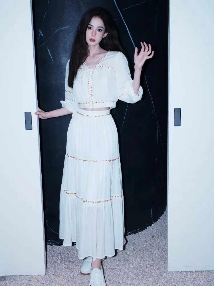 花颜颜娜扎衬衫上衣高腰半身长裙度假风两件套装女