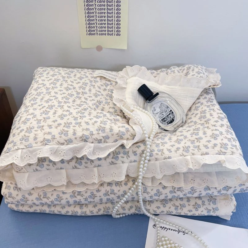 春夏新品A类母婴全棉皱皱纱小花边夏被空调被保暖春秋被子被芯