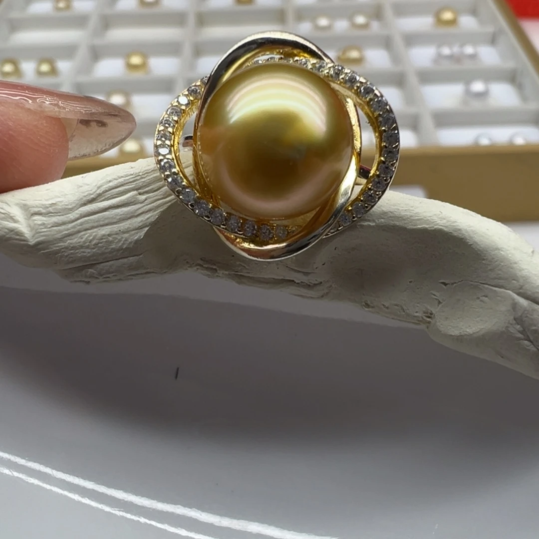 金珠10+浓金戒指成品银S925镶嵌海水珍珠
