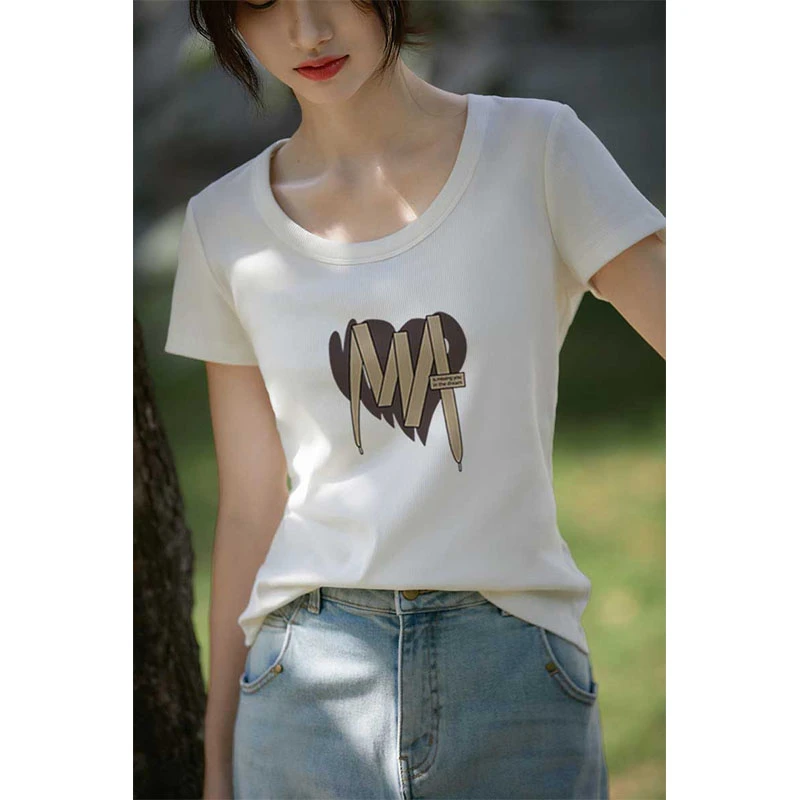 正肩短袖t恤女装2025夏季新款修身显瘦圆领体恤衫减龄洋气上衣服