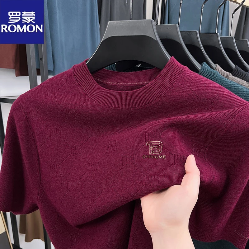 【提花毛衣】罗蒙男士毛衣秋冬半袖针织休闲上衣圆领百搭短袖针织衫