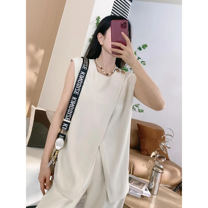 D2【橦颜】开叉马甲上衣+两侧松紧阔腿裤两件套（YD77）5285