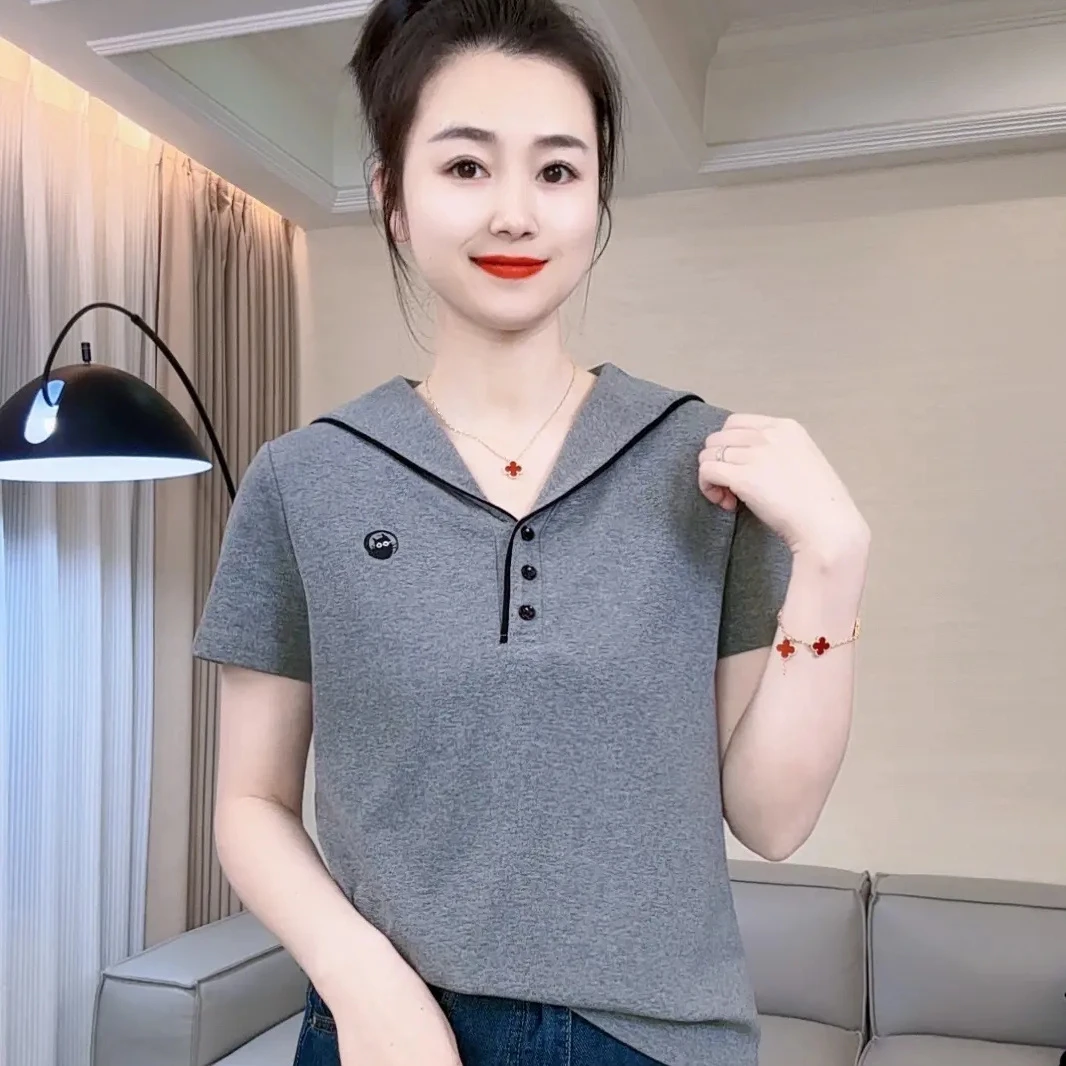 夏季新款时尚设计感海军领撞色短袖T恤中年女士显瘦洋气百搭上衣