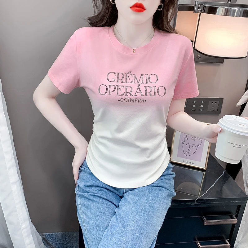 时尚渐变烫钻短袖t恤女2025夏季设计感褶皱收腰修身正肩圆领上衣
