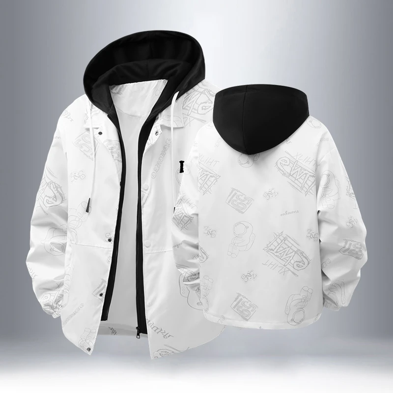 潮牌假两件外套男士青少年学生春季时尚休闲连帽风衣夹克