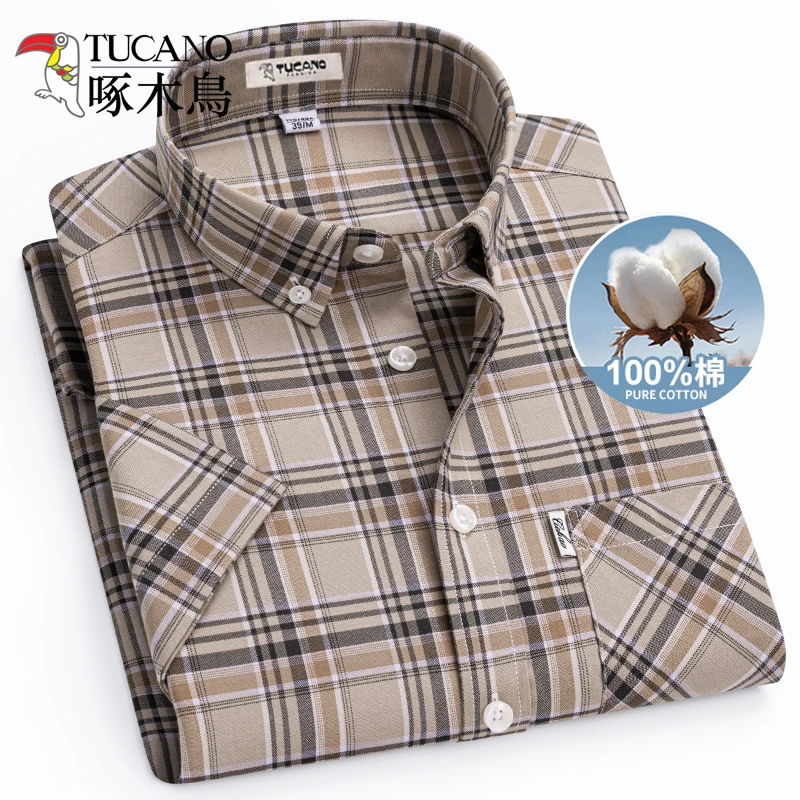 【100%纯棉】啄木鸟格子短袖衬衫男夏季商务休闲透气全棉牛津纺衬衣