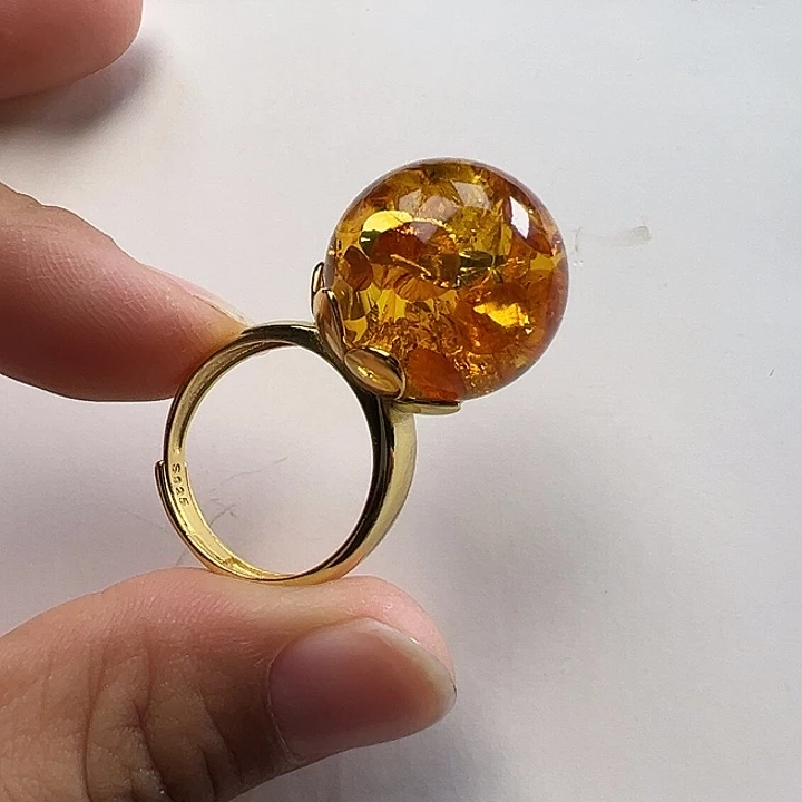 银S925镶嵌琥珀（花珀）戒指