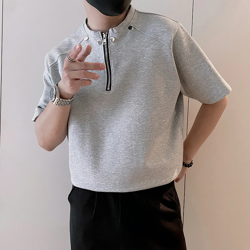 半拉链T恤男士短袖夏季ins潮牌重磅男装上衣2025新款休闲半袖体恤