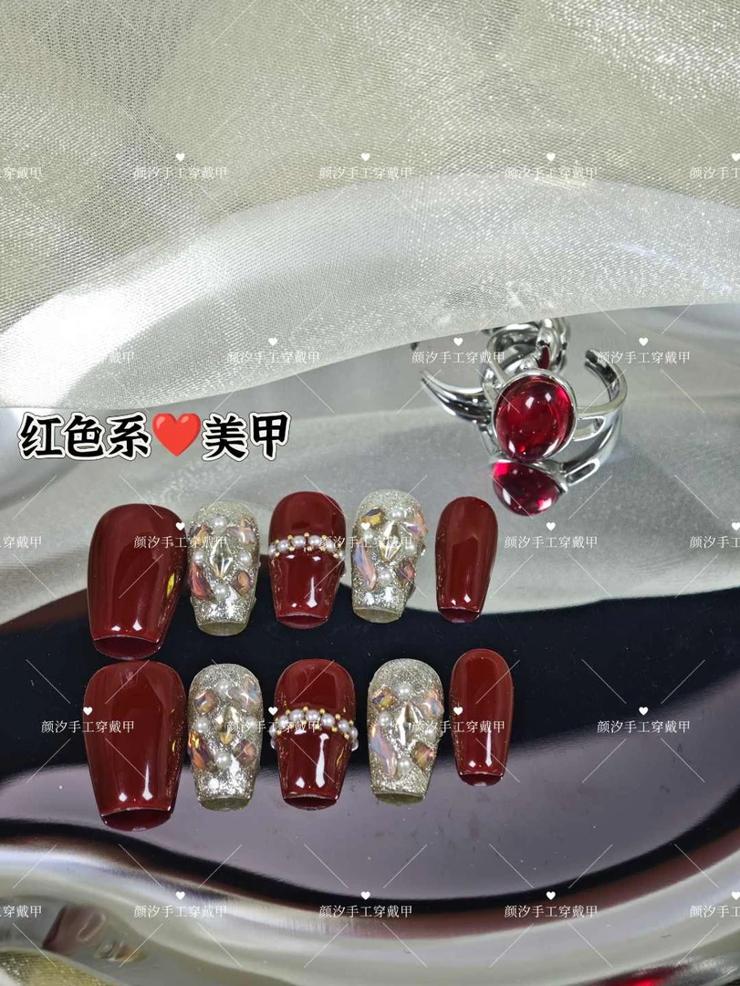 【安可拉红新年美甲】颜汐纯手工穿戴甲新年红安可拉钻轻奢爆闪
