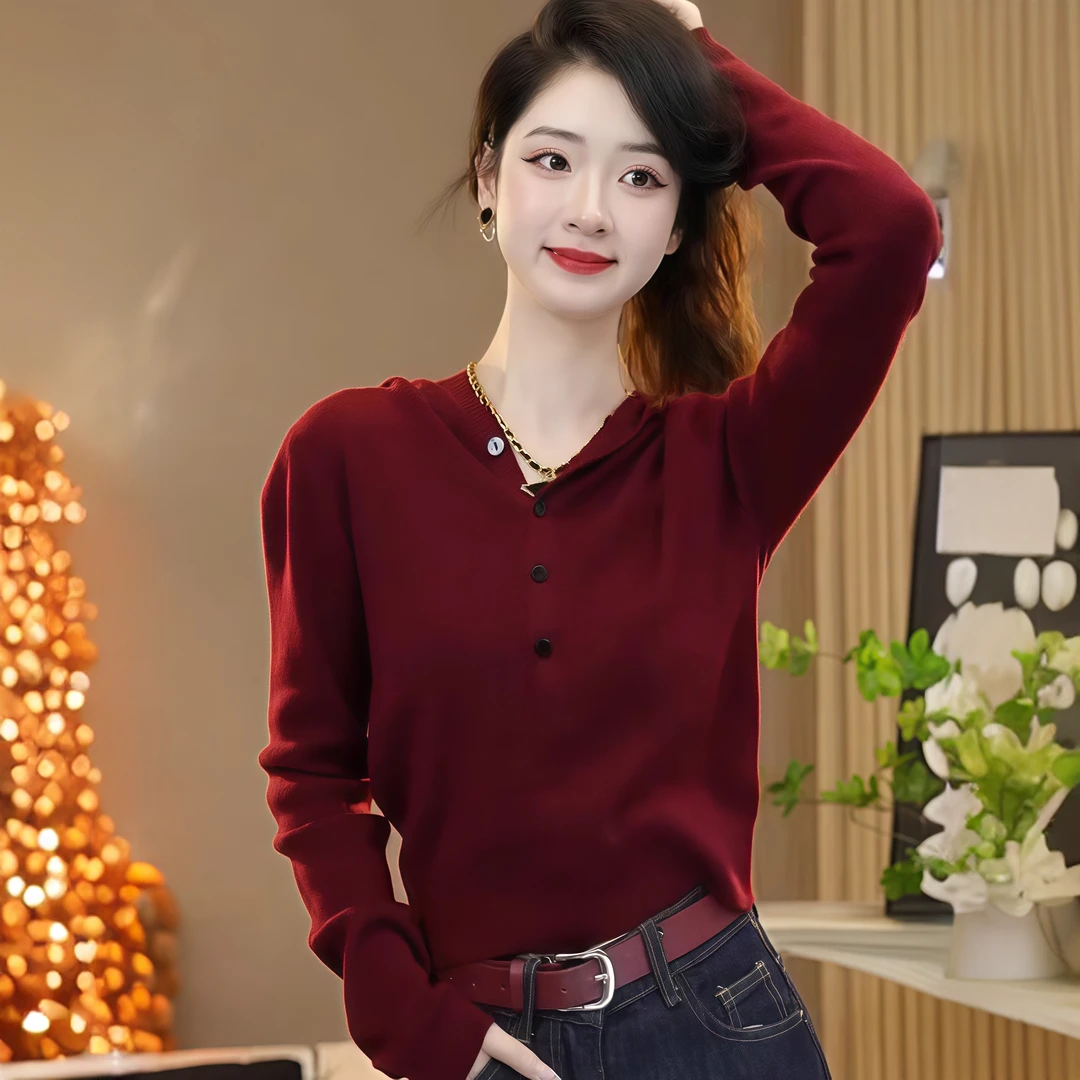 高级感简约连帽长袖针织衫女春秋季新款时尚显瘦百搭气质外穿上衣