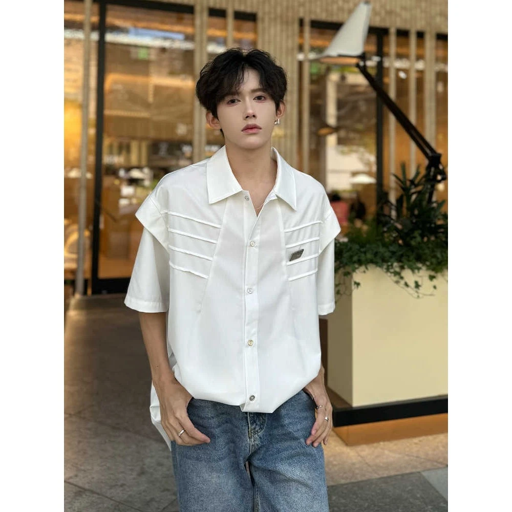 解构压褶短袖衬衫男设计感小众痞帅高级感男装发型师白色衬衣外套