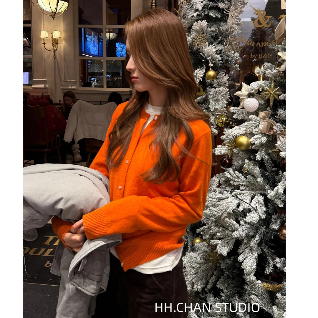 HH.CHAN“糖橘”100%满分绵羊毛复古橘显白显瘦针织衫HH53G40922