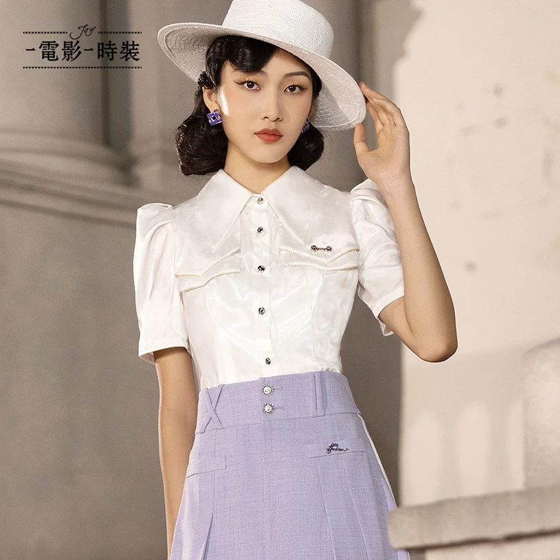 【芊芊专属】一电影一时装翻领百搭短袖梭织上衣 FEIS122521