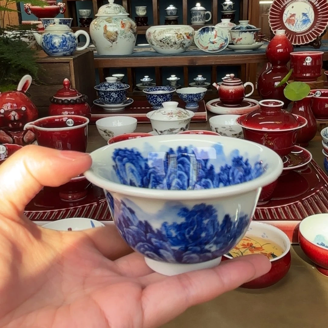 闻轩坊柴窑 满绘山水压手杯