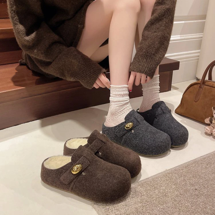 保暖加绒厚底毛呢灰色勃肯鞋女冬季新款一脚蹬懒人休闲包头半拖鞋