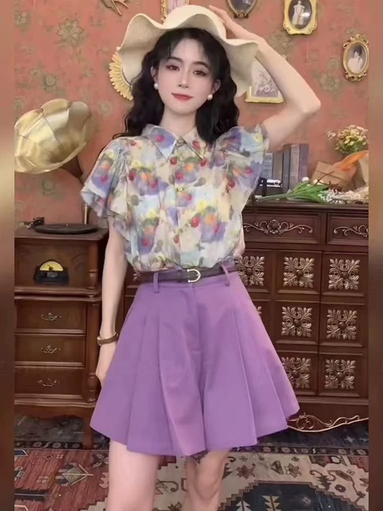 飞飞袖衬衣怀旧复古碎花雪纺短袖衬衫女夏款港风穿搭女装百搭上衣