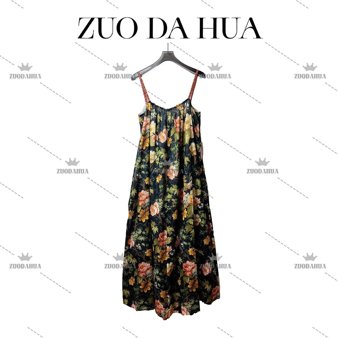 左大花 温婉风复古印花吊带连衣裙女夏季舒适透气宽松大摆A字裙子