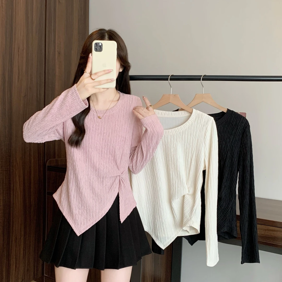 2025秋季新款胖mm大码设计感长袖T恤不规则收腰正肩打底上衣