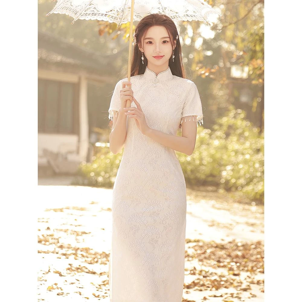 白色蕾丝旗袍夏季年轻少女款复古国风订婚礼服连衣裙
