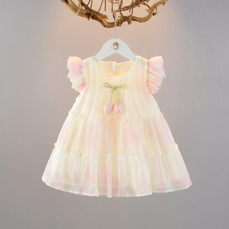 女童小飞袖夏装纱裙童装夏季女宝宝薄款连衣裙小孩女孩公主裙新潮