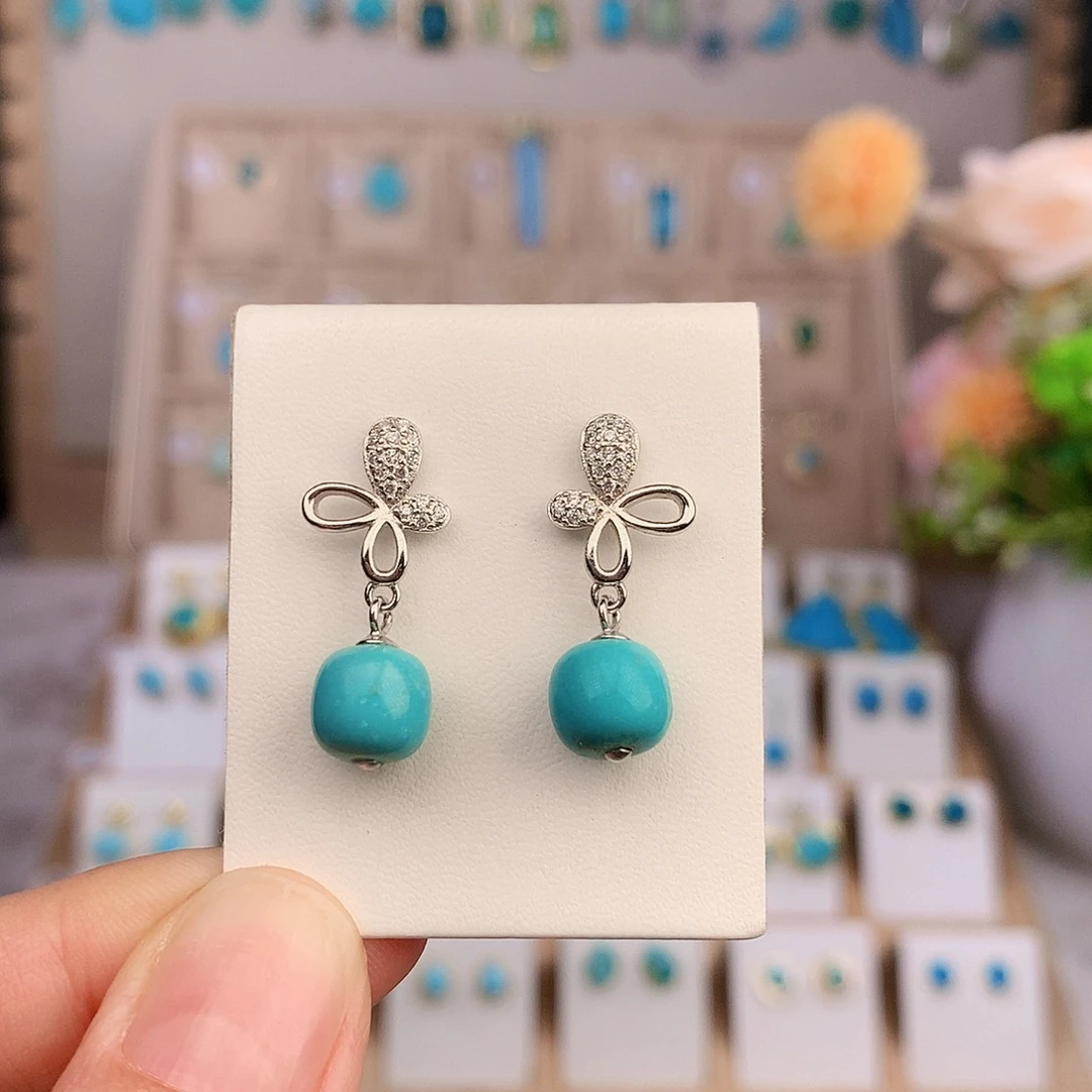 绿松石银S925镶嵌耳饰