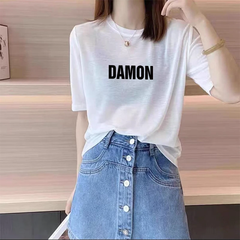 夏季正肩新款雪花棉短袖t恤女士小众洋气上衣宽松胖mm韩版体恤衫