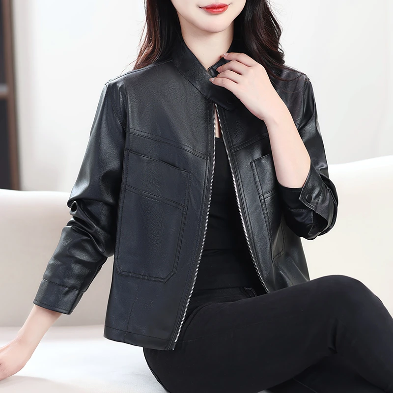 【现货现发】立领端雅女装女士薄款皮夹克皮衣外套