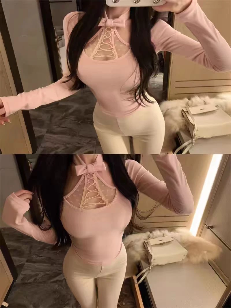 大码纯欲网纱拼接T恤女长袖蝴蝶结挂脖微透打底衫修身短款上衣
