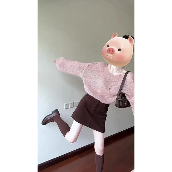 韩系慵懒风粉色圆领长袖针织毛衣女秋季新款宽松显瘦上衣裙子套装