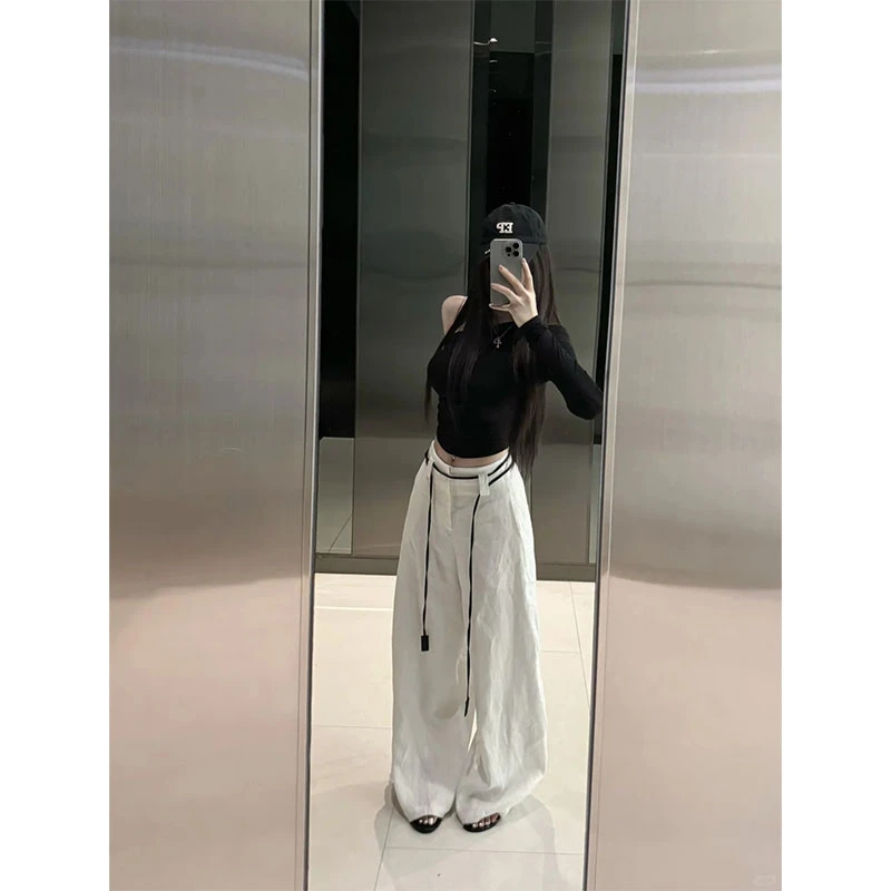 春夏新款休闲百搭时尚小众高级感露肩黑色长袖上衣高腰宽松阔腿裤