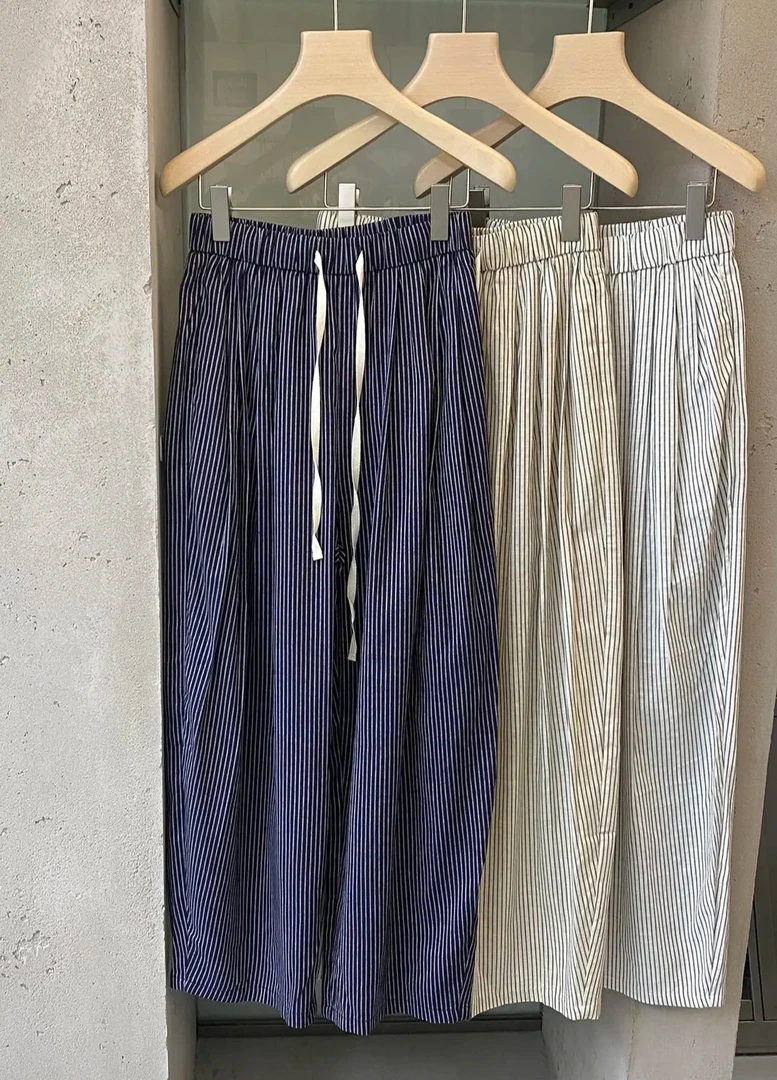 22179夏季爆款!休闲宽松时尚天丝亚麻阔腿裤条纹薄裤（裤长98）