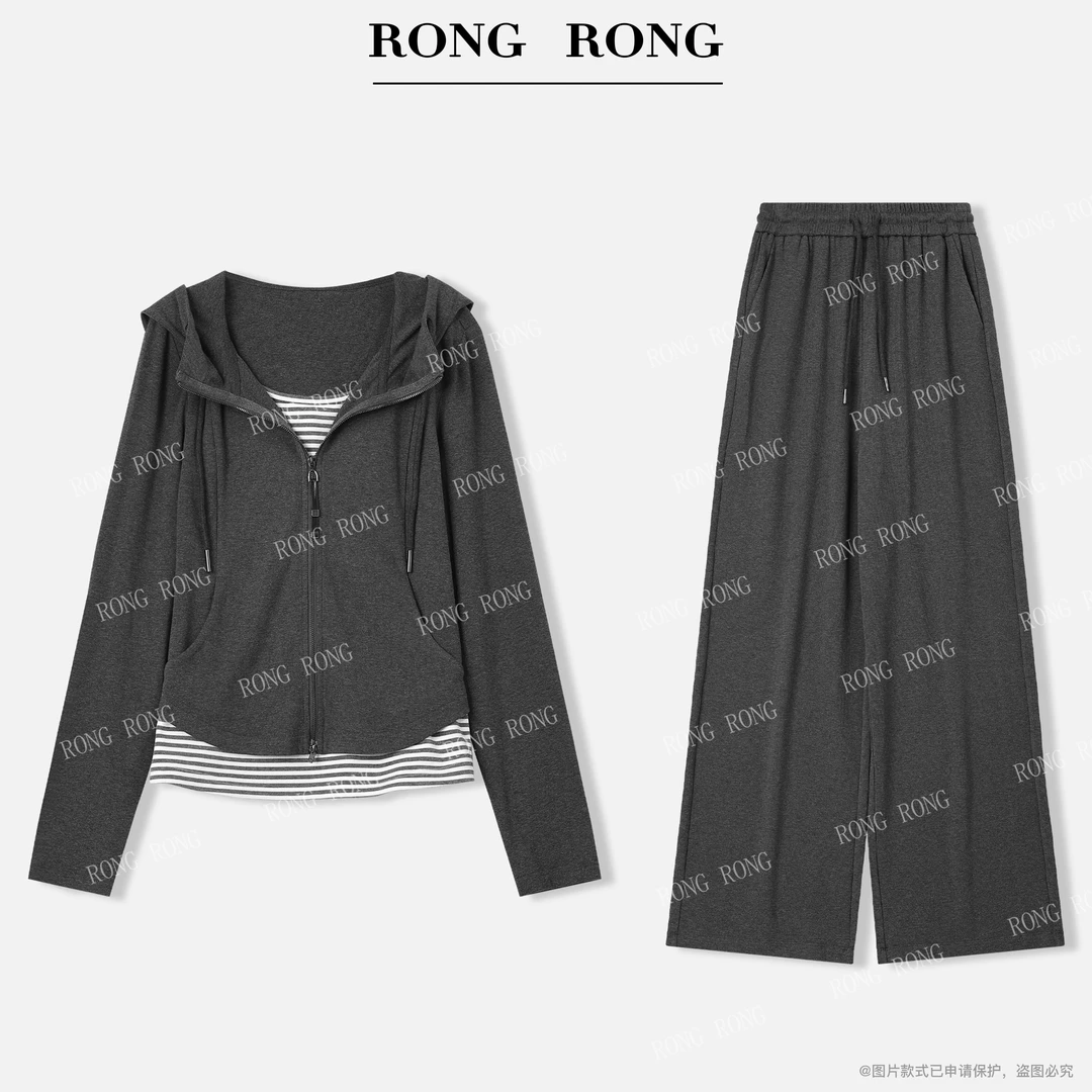 溶溶【意调暖灰】RONG 慵懒风假两件连帽上衣裤子套装F26QT5042-1