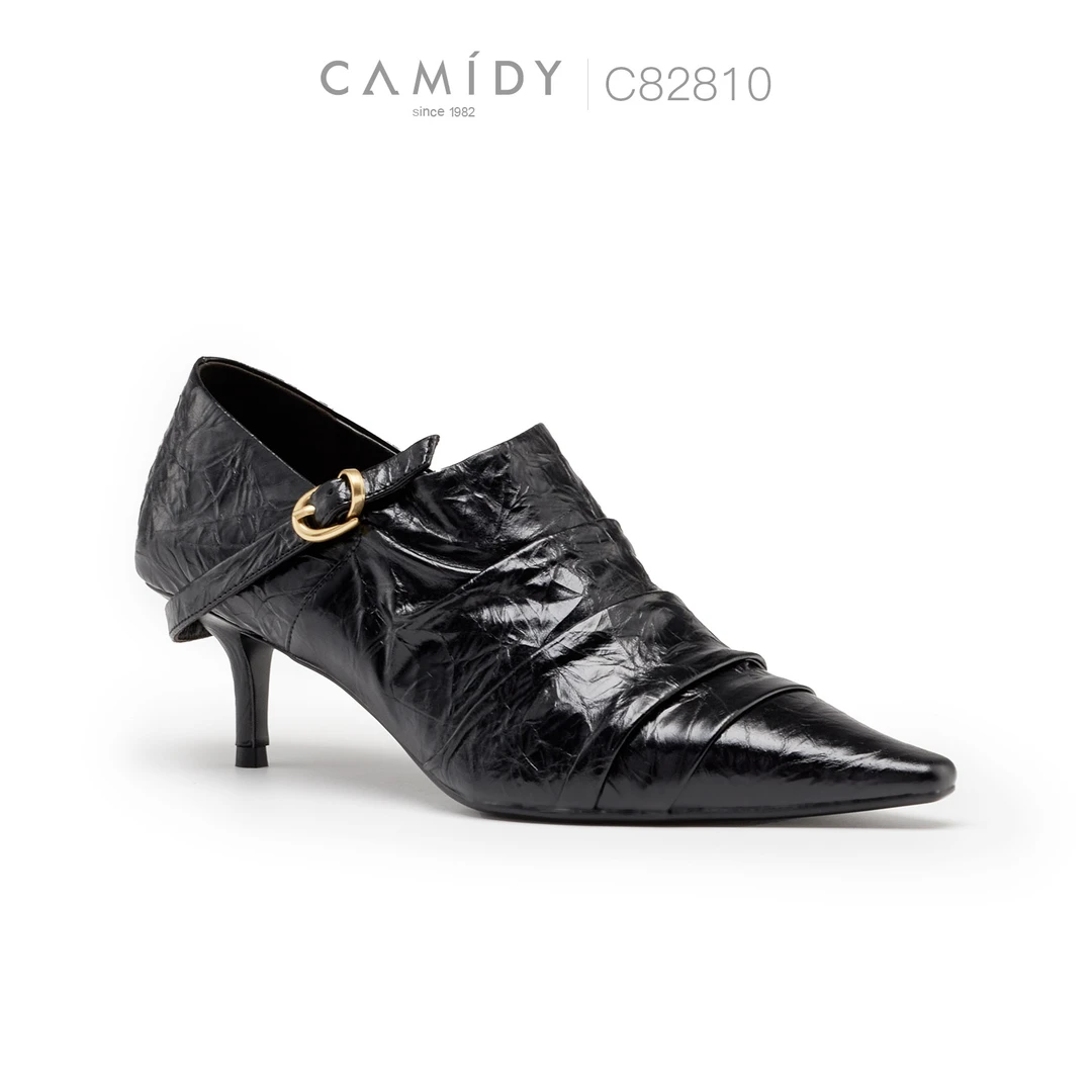 CAMIDY SINCE 1982尖头褶皱手抓花牛胎漆皮深口小猫跟鞋C82810