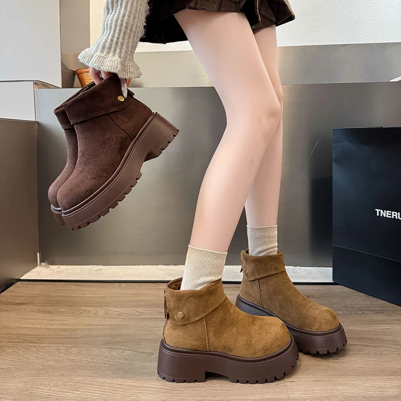 勃肯女厚底短靴秋冬新款复古增高显瘦马丁靴阔腿裤必备鞋松糕女靴