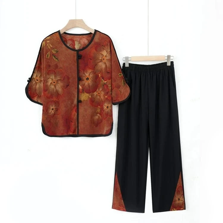 妈妈女装宽松夏装T恤套装洋气夏季奶奶新款短袖圆领夏季50至80岁