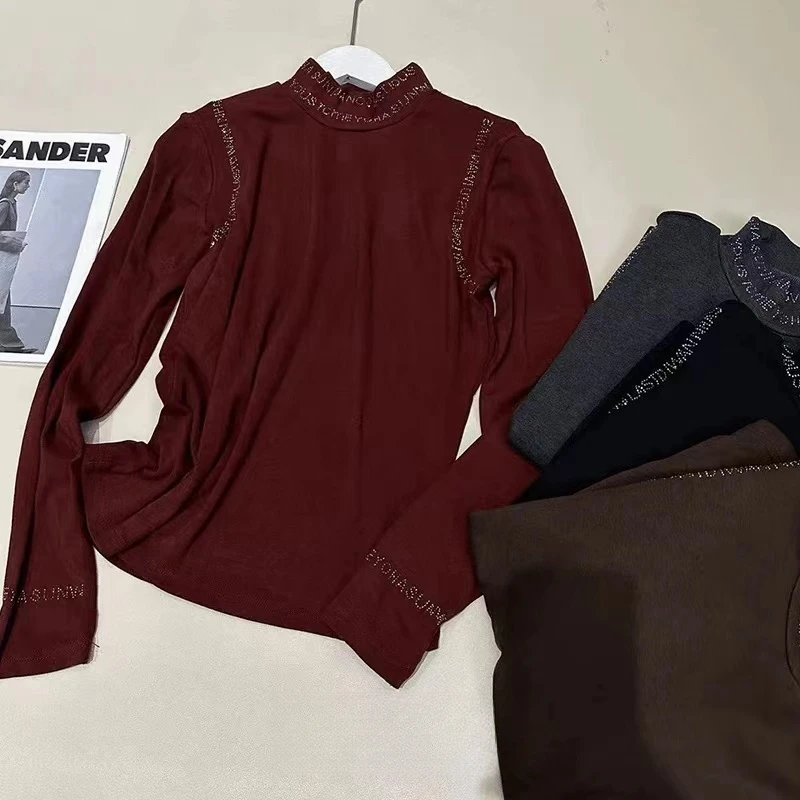 3921-设计感时尚气质圆领长袖T恤女新款修身显瘦百搭打底上衣