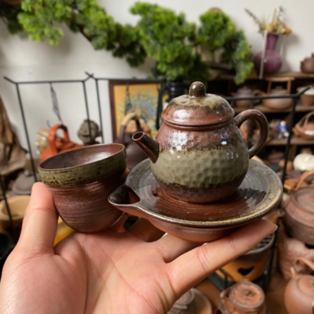 原矿粗陶老岩泥清水龙蛋锤纹小茶壶60容量个人功夫泡茶壶3件套