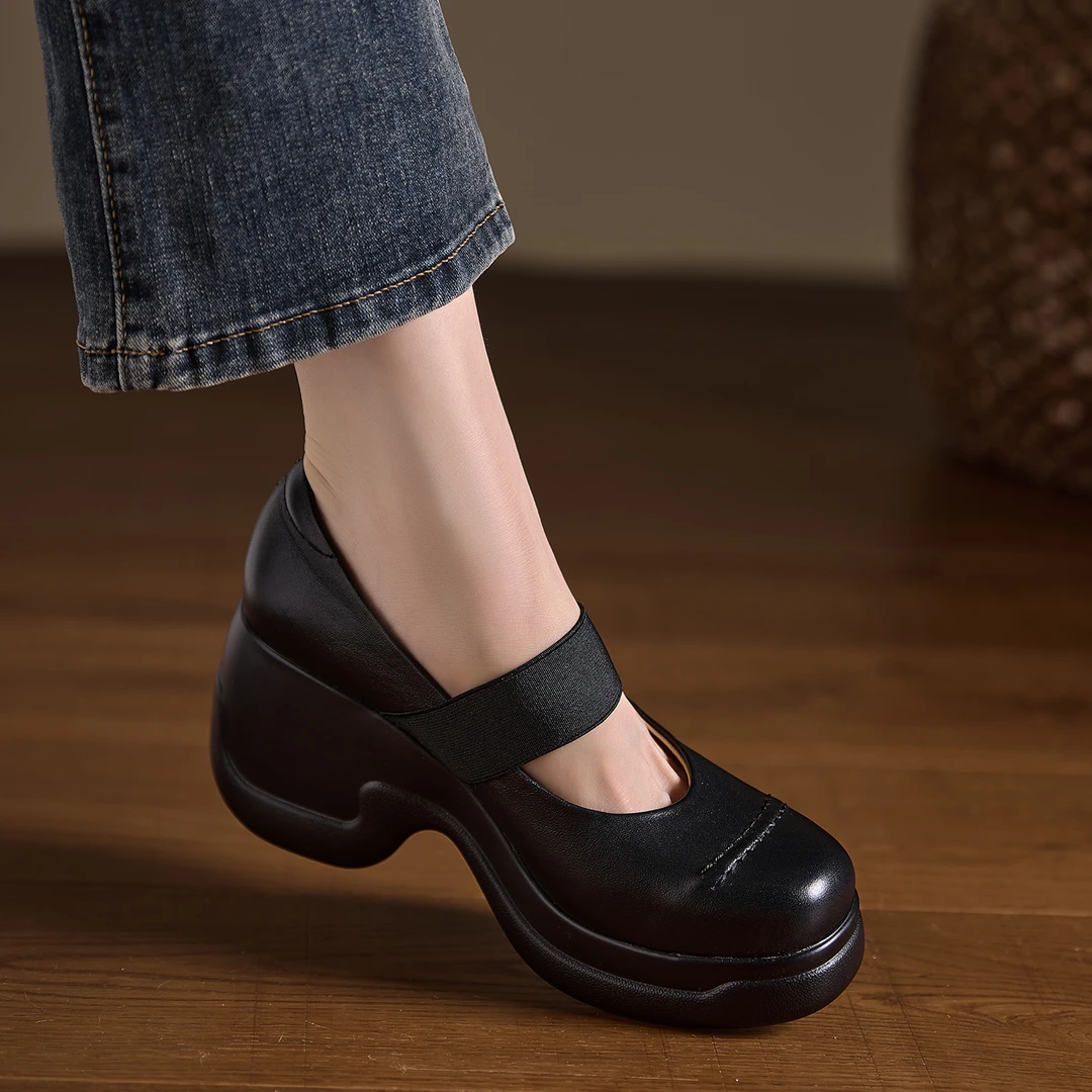 小个子手工女鞋8cm~百搭圆头高跟坡跟浅口单鞋不累脚法式玛丽珍鞋