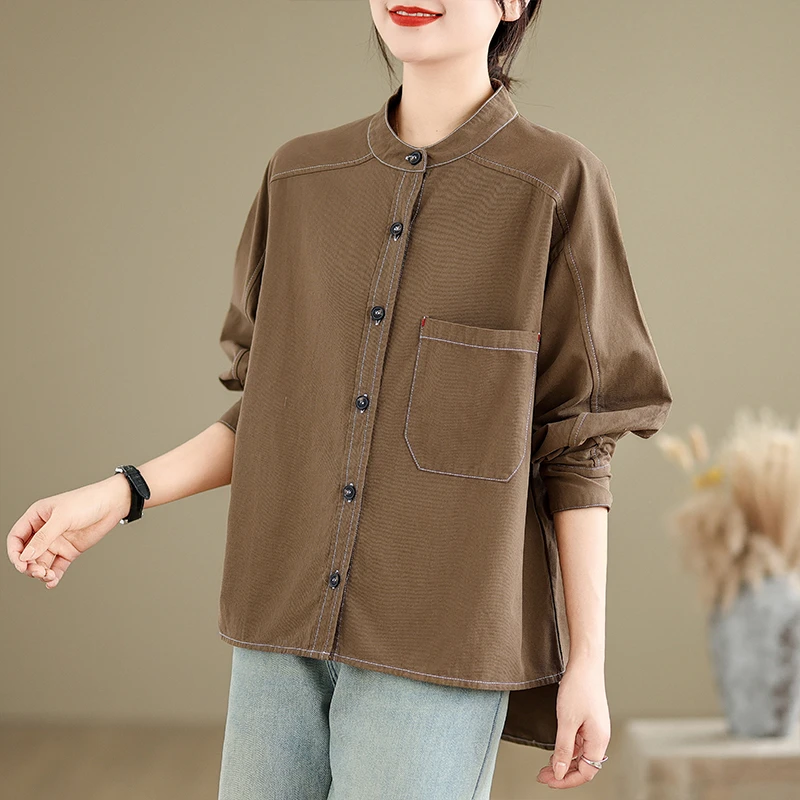 纯色文艺宽松休闲百搭立领开衫复古斜纹棉麻卡其色长袖排扣衬衫女