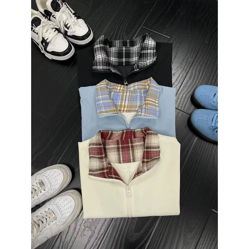 美式百搭格子拼接外套男春秋季cleanfit无帽立领飞行员夹克