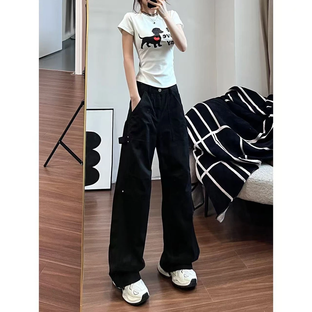 【不热的黑】美式复古工装裤女宽松休闲抽绳百搭拖地长裤-K2982