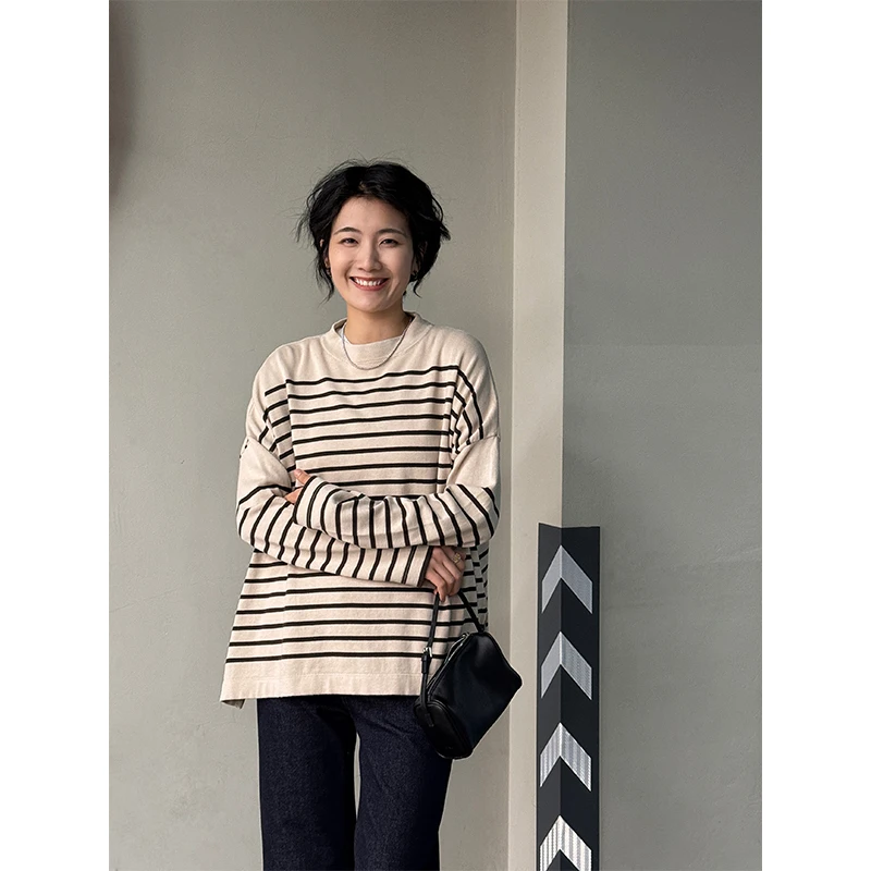 LANGQING 小个子圆领套头休闲纯棉条纹T恤43834#