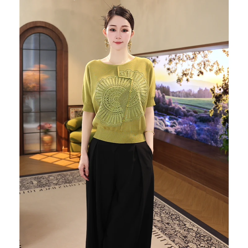 现货2025年夏季新款【ZM-X797】女装薄款绿色曲珠冰麻冰丝针织上衣