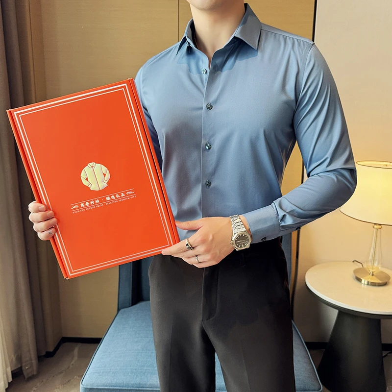 礼盒装高端男士莫代尔长袖衬衣商务休闲西装打底薄款修身西装衬衫