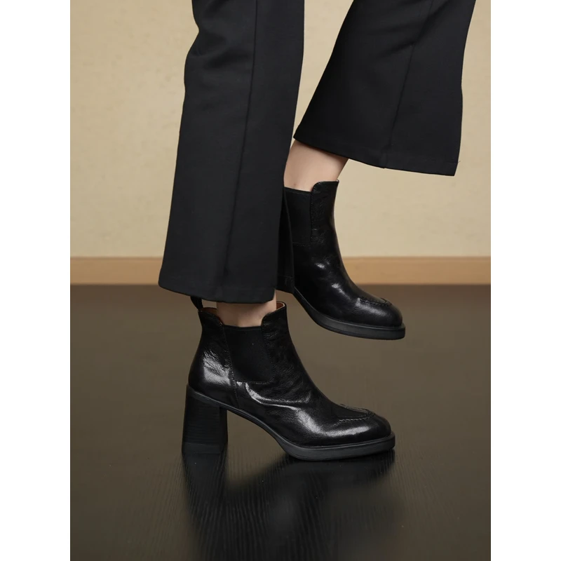 nnmiss/7.5cm静音粗跟圆头拼接切尔西靴小个子简约通勤套筒短靴