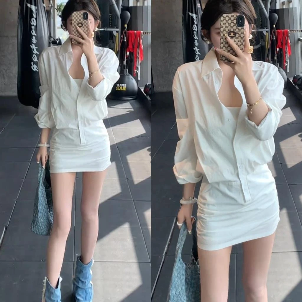曲线女孩衬衫拼接连衣裙2025春夏季时尚气质性感衬衣包臀短裙