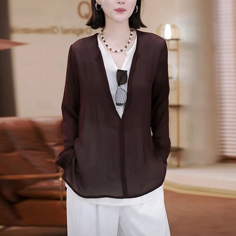 咖色薄款衬衫女士夏季2025宽松显瘦减龄洋气松弛感假两件v领上衣