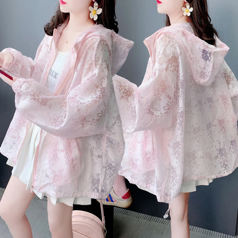 大码女装薄款连帽防晒衫外套女夏季新款韩版宽松百搭休闲防晒上衣
