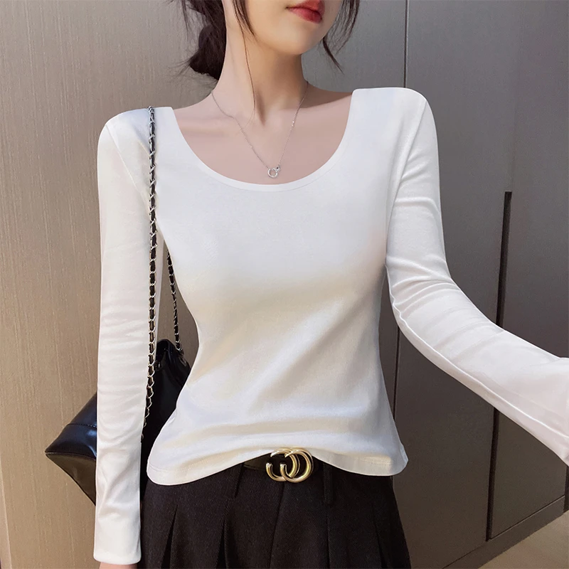 白色双U领长袖打底衫女内搭秋冬季新款纯棉大领口露背高级感上衣